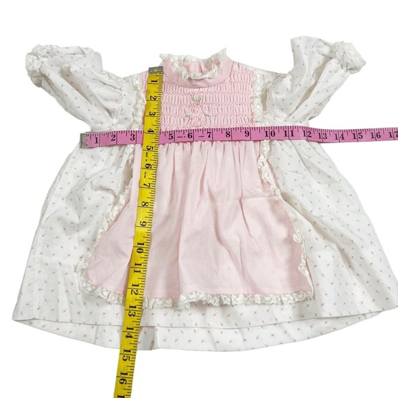 Vtg Hand Smocked Dress 24 Mo. Polly Flinders Calico w Pink Apron Lace 3/4 Sleeve - Picture 10 of 12